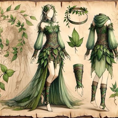 Dryad Outfit, Eladrin Aesthetic, Druid Outfit Design, Dryad Character Design, Druid Clothes, Druid Character Design, Tree Cosplay, Druid Outfit, Fae Outfit