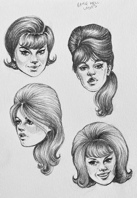 60s Female Hairstyles, Marilyn Monroe Hair Drawing, Vintage Hairstyles Drawing, 60s Hair Drawing, Pinup Face Drawing, 70s Hair Drawing, Cobra Hairstyle, 1960s Drawing, Comic Hair