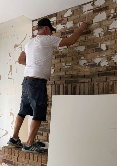 adhering cement board to the old brick wall Brick Fireplace Redo, Lime Wash Brick, Brick Fireplace Wall, Painted Brick Fireplace, Fireplace Redo, Cement Board, Old Brick Wall, Using A Paint Sprayer, Mantel Design