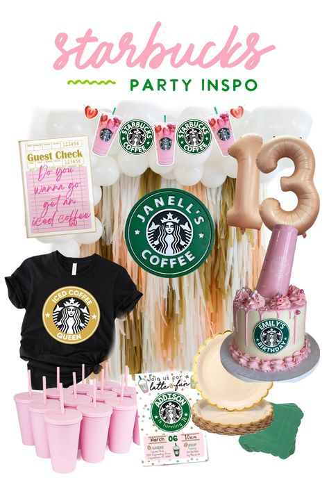 Sharing some Starbucks party inspiration with you! #starbucks #birthdayparty #party #coffee Starbucks Pink Drink Birthday Party, Starbucks Bridal Shower Theme, Pink Starbucks Birthday Party, Pink Starbucks Birthday Party Ideas, Pink Starbucks Party, Starbucks Birthday Shirt, Starbucks Birthday Theme, 11th Birthday Themes Girl, Starbucks Birthday Party Decorations