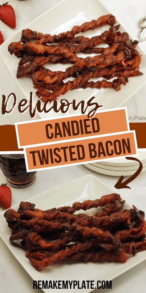 Just when you thought bacon couldn't get any more delicious along comes this candied twisted bacon recipe. #twistedbacon #candiedbacon #bacon #baconrecipe #remakemyplate Twisted Bacon, Candied Bacon Recipe, Bacon Snacks, Bacon Dishes, Bacon Appetizers, Bacon Recipe, American Recipes, Appetizers Easy Finger Food, Candied Bacon