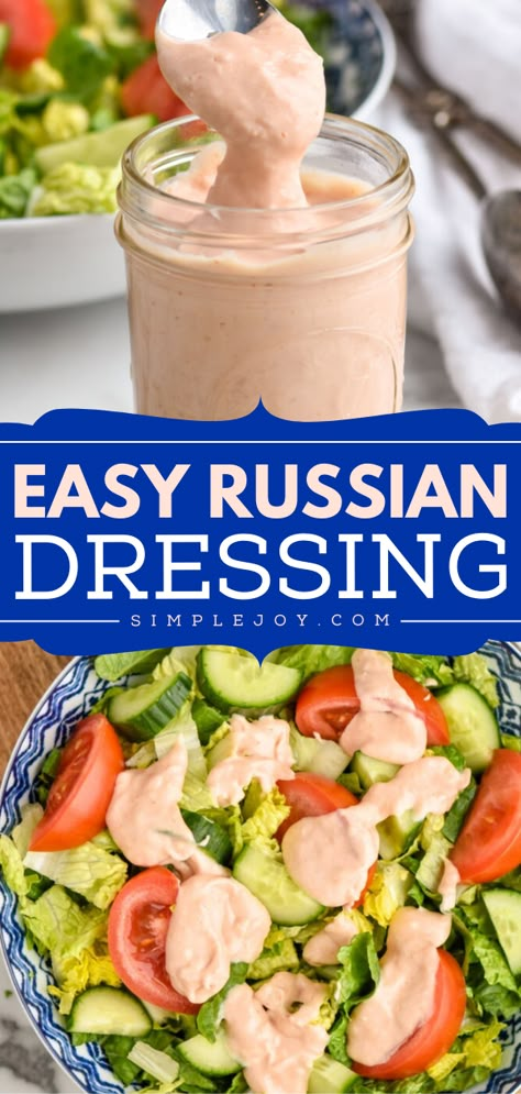 Your summer salads call for this homemade Russian dressing! It's such an easy salad dressing recipe to whip up in just 5 minutes and always tastes delicious. Use it on a Reuben Sandwich and other spring dishes! Easy Creamy Dressing, Homemade Russian Dressing Recipe, Russian Salad Dressing Recipe, Easy Creamy Salad Dressing, Homemade Creamy Salad Dressing, Pink Salad Dressing, Russian Dressing Recipe Reuben Sandwich, Sub Sandwich Dressing Recipe, Mayo Dressing Recipe