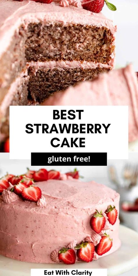 This fresh gluten free strawberry cake is moist, tender and so easy to make. With fresh strawberry cream cheese buttercream frosting, this gluten free cake is made in one bowl and perfect for spring. Strawberry Cake Gluten Free, Gluten Free Strawberry Dessert, Simple Orange Cake, Gluten Free Strawberry Cake With Jello, Gluten Free Strawberry Cake Recipe, Gluten Free Strawberry Bundt Cake, Gluten And Dairy Free Strawberry Cake, Paleo Strawberry Cake, Gluten Free Orange Cake