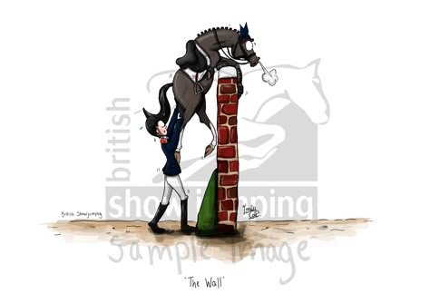 Get your hands on the Emily Cole Jump Collection- 'The Wall' Available in an A4 Glossy Print, A3 Glossy Print or even a vinyl magnet.. You can frame each image to suit your taste and these illustrations are a great addition to any room. Available exclusively from our on-line shop www.britishshowjumping.co.uk/shop Emily Cole, Equestrian Memes, Horse Animation, Funny Horse Pictures, Foto Cowgirl, Horse Memes, Horse Cartoon, Vinyl Magnets, Hobby Horses