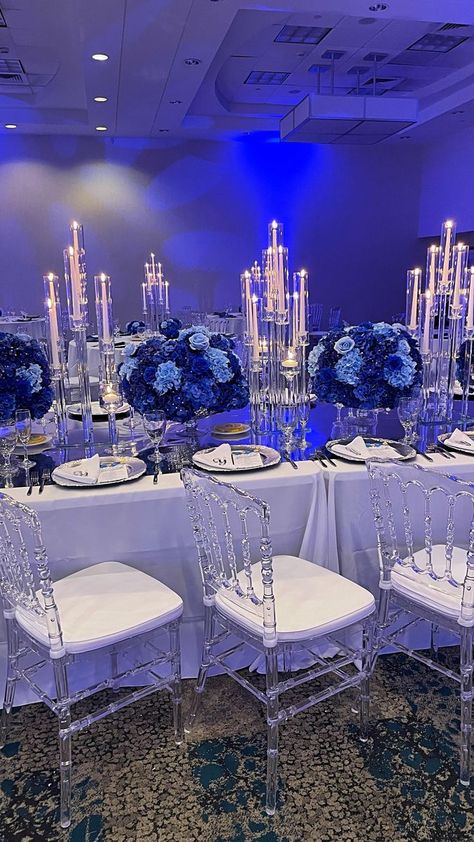 So ChiC Event Design on Reels | Savannah Cristina · Prototype Shades Of Blue Centerpieces, Blue Quinceanera Table Decorations, Royal Blue Quince Table Decor, Shades Of Blue Party Decorations, 50 Shades Of Blue Birthday Party, Year End Party Theme, Blue Bday Party, Night Under The Stars Party, Blue And Silver Wedding Theme