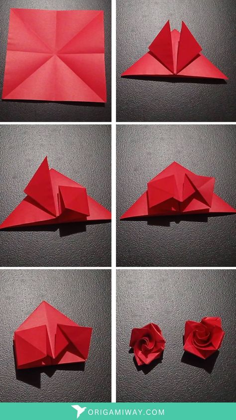 A paper origami red rose Paper Origami Flowers, Easy Origami Flower, Origami Flowers Tutorial, Paper Roses Diy, Creative Origami, Cute Origami, Origami Rose, Origami Patterns, Instruções Origami