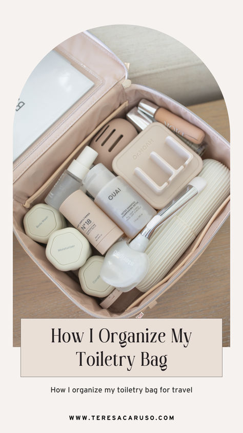 How I organize my toiletry bag for travel Travel Toiletry Bag For Women, Travel Toiletry Bag Aesthetic, Outfits For Airplane Travel, Must Have Travel Items, Items Aesthetic, Destination Bachelorette Party, Destination Bachelorette, Teresa Caruso, Pack For Travel