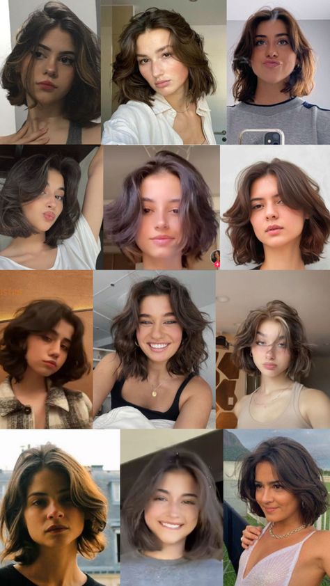 Because it is curly, cut to sholder, and it will shrink to chin lenghth! Chin Length Hair Wavy Curls, Short Hair With Movement, Short Modern Haircuts For Women, Short Hair Styles Middle Part, Short Wavy Hair Thick, Pretty Haircuts Short, Wavy Short Hair With Layers, Chin Length Hair No Bangs, Rapunzel Cut Hair