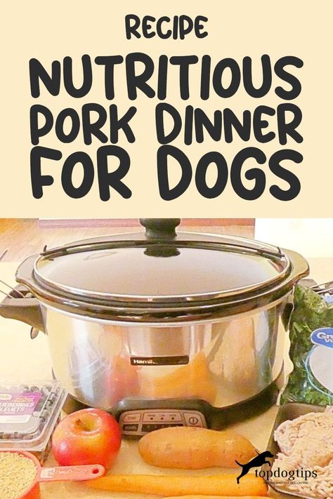 Nutritious pork dinner for dogs using crockpot Crockpot Dog Food Recipes Pork, Homemade Pork Dog Food Recipes, Homemade Dog Food With Pork, Pork Dog Food Recipes, Dog Gravy Recipe, Dog Gravy, Homemade Dog Food Vet Approved, Food Recipes Crockpot, Dog Food Recipes Crockpot