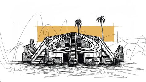 A sketch of historical monuments (jantar mantar) Indian Historical Monuments Drawing, Monuments Of India Sketch, Delhi Monuments, Indian Monuments, Monument In India, Rajasthan Art, Architectural Sketching, Jantar Mantar, Embroidery Hoop Art Diy