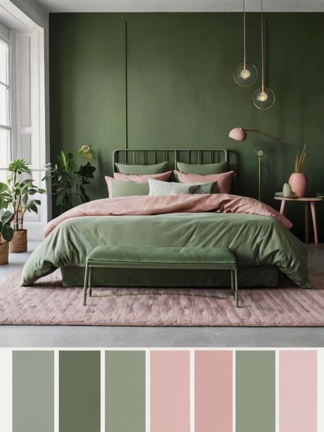 10 Sage Green and Pink Bedroom Ideas: Cozy and Chic Ambiance - Homezillo Green And Dusty Pink Bedroom, Boho Bedroom Pink And Green, Green Pink Bedroom Ideas, Dark Green And Pink Bedroom Ideas, Green And Pink Room Ideas, Olive Green Pink Bedroom, Dusty Pink And Green Bedroom, Grey Pink Green Bedroom, Green Bedroom Pink Bed