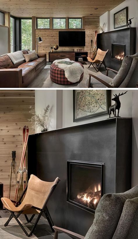 Blackened Steel Fireplace, Fireplace Industrial, Industrial Fireplaces, Industrial Fireplace, Steel Fireplace, Black Tile, Contemporary Fireplace, Fireplace Surround, Blackened Steel