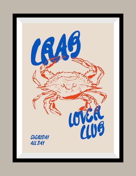 Vector crab hand drawn print design temp... | Premium Vector #Freepik #vector Crab Graphic Design, Room Decor Paintings, Lobster Illustration, Tin Fish, Crab Sign, Crab Illustration, Chili Crab, Yogurt Packaging, Print Design Template