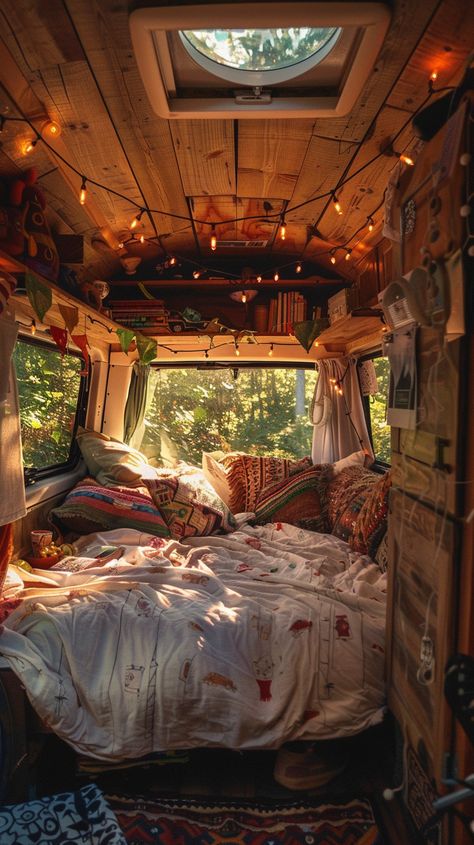 Dreamy van life under fairy lights ✨✨ #VanLife #BohoMood #FairyLights #vanlife #mood Small Camper Aesthetic, Van Life Sunset, Fairy Lights In Caravan, Cosy Van Life, Van Lighting Ideas, Van Life Decor Ideas, Van Life Interior Aesthetic, Van Set Up Ideas, Cozy Camper Van