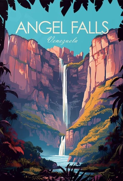 Angel Falls Venezuela, Nasa Art, Art Deco Travel Posters, Angel Falls, Travel Collage, Travel Poster Design, Architecture Poster, Fall Wall Art, Cute Cartoon Drawings