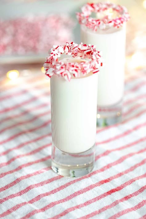 Candy Cane Shots Recipe, Candy Cane Shots, Peppermint Shots, Gummy Bear Shots, Christmas Dessert Drinks, Rumchata Drinks, Rumchata Recipes, Peppermint Vodka, Shot Glass Desserts