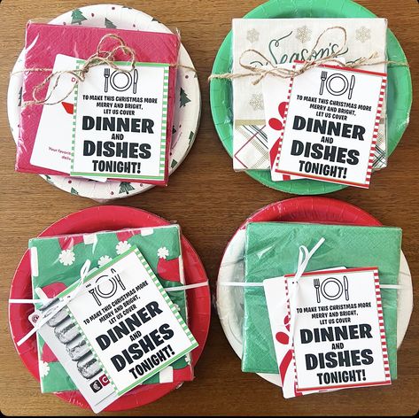 Dinner Gift Card Ideas, Dinner On Us Teacher Gift, Dinner And Dishes On Us Gift Tag, Volunteer Christmas Gifts Church, Dinner Gift Ideas, Neighbor Christmas Gift Ideas, Teach Gifts, Teaching Gifts, Neighborhood Gifts