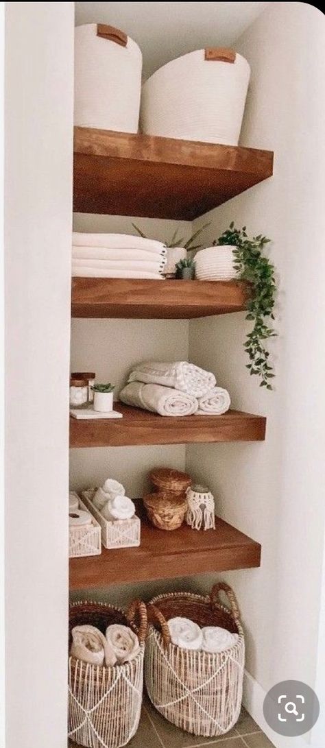 Boho Beach House Bathroom, Open Bathroom Shelves Storage Ideas, Open Shelf Bathroom Storage Ideas, Built In Shelf Over Toilet, Small Bathroom Built In Shelves, Open Storage In Bathroom, Towel Shelf Ideas, Boho Bathroom Storage Ideas, Open Shelf Linen Closet