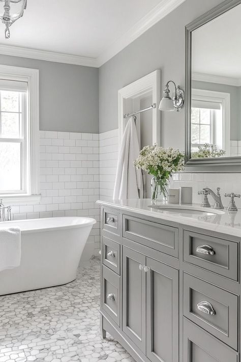 White And Silver Master Bath, Grey Vanity Bathroom Wall Colors, Gray And White Bathrooms, Gray And White Bathroom Ideas, White And Gray Bathroom, Marble Tile Bathroom Floor, White Marble Tile Bathroom, Grey Bathroom Floor, Light Grey Bathrooms