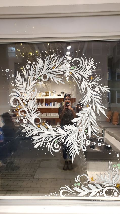 Window Art | Hand-Painted Glass Murals, Window Painting + Visual Merchandising | Ottawa, Ontario — Sunny Street Creative Studio | Artist, Illustrator, Designer, Muralist, & Window Painter Window Xmas Painting, Christmas Art On Windows, Ornament Window Painting, Winter Scene Window Painting, Painted Window Christmas Scenes, Happy Holidays Window Painting, White Window Painting Christmas, Window Art Christmas Ideas, Christmas Glass Door Painting Ideas