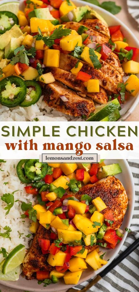 Grilled Chicken And Mango Salsa, Mango Salsa Recipe Chicken, Peach Mango Salsa Chicken, What To Serve With Mango Salsa, Chicken With Mango Salsa Recipe, Mango Salsa Chicken Bowl, Grilled Citrus Chicken With Mango Salsa, Cilantro Lime Chicken With Mango Salsa, Lemon Ginger Chicken With Mango Salsa