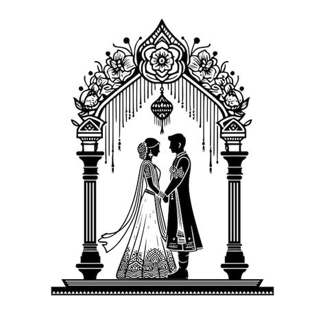 Vector bride and groom getting married i... | Premium Vector #Freepik #vector #bride-groom #wedding-invitation #wedding-logo #indian-couple Hindu Wedding Illustration, Indian Wedding Drawing, Indian Wedding Logo, Indian Wedding Clipart, Wedding Painting Ideas, Marriage Logo, Wedding Couple Clipart, Get Married, Couple Illustration Wedding