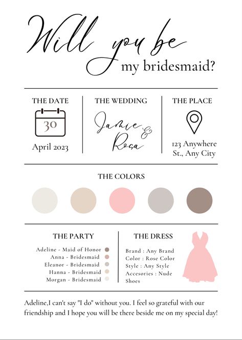 Wedding prep Bridesmaid Question, Bridesmaid Info Card, Bridesmaid Proposal Diy, Bridesmaid Proposal Ideas, Bridesmaids Proposal, Proposal Boxes, Bridesmaid Proposal Card, Bridesmaid Invitation, Bridesmaid Colors