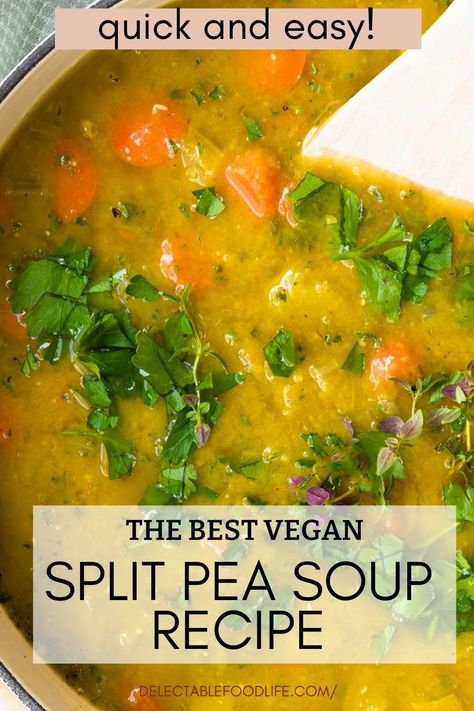 The Best Vegan Split Pea Soup Recipe with lots of veggies and fresh thyme. Easy to make and delicious every time! Soup season is when we eat creamy, healthy soups like split pea soup! In this recipe, split peas, carrots, celery, leeks, garlic, and fresh herbs are simmered to perfection. Vegetarian Pea Soup, Split Pea Soup Vegetarian, Vegan Split Pea, Vegetarian Split Pea Soup, Green Peas Recipes, Vegan Split Pea Soup, Gf Soups, Yellow Split Pea Soup, Pea Soup Recipe