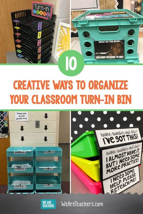 10 Creative Ways to Organize Your Classroom Turn-In Bin. Keep your classroom organized with this clever turn-in bin solutions. These teachers have it figured with their folders, bins, baskets, and more. #classroomdecor #classroomorganization #classroomideas #classroomsetup #classroommanagement Classroom Organization Turn In Work, Classroom Wall Storage, Assignment Turn In Baskets, Hs Classroom Organization, Turn It In Bin Classroom, Classroom Organisation Secondary, Classroom Mailbox Ideas Diy, Classroom Journal Storage, Teacher Turn In Bins