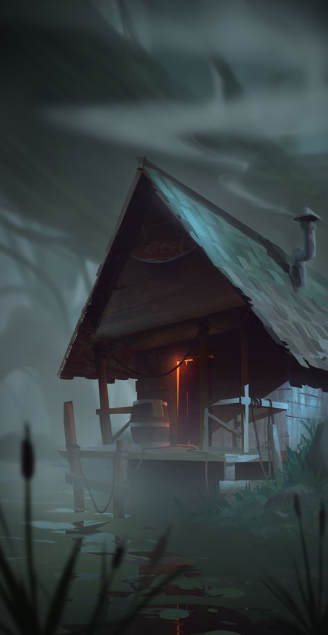 ArtStation - Swamp cabin Cabin In The Woods Creepy, Swamp Cabin Art, Swamp Character, Creepy Cabin In The Woods, Creepy Swamp, Swamp Cabin, Swamp Hut, Swamp Biome, Creepy Cabin