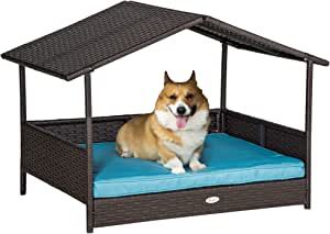 Amazon.com : PawHut Wicker Dog House Elevated Raised Rattan Bed for Indoor/Outdoor with Removable Cushion Lounge, Blue : Pet Supplies Dog Bed With Canopy, Dog House Outdoor, Camping House, Wicker Dog Bed, Bed With Canopy, Raised Dog Beds, Outdoor Dog House, Outdoor Dog Bed, Rattan Bed