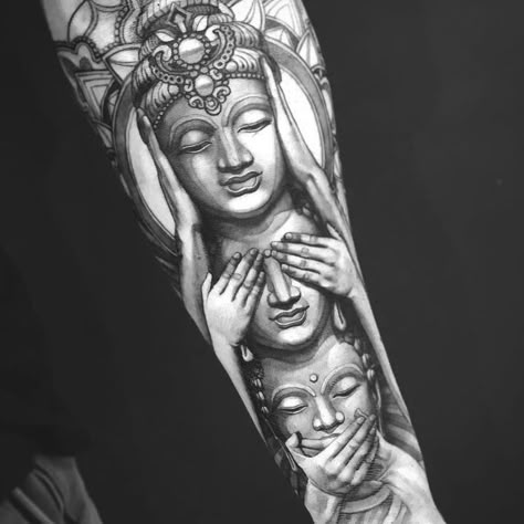 See No Evil, Speak No Evil, Hear No Evil Tattoo | Tattoo Ideas and Inspiration | Evil tattoos, Cool forearm tattoos, Buddhist tattoo sleeve Hear No Evil Tattoo, Buddhist Tattoo Sleeve, Buda Tattoo, Buddha Tattoo Sleeve, No Evil Tattoo, Octopus Tattoo Sleeve, Buddhist Tattoo, Buddha Tattoo Design, Evil Tattoo