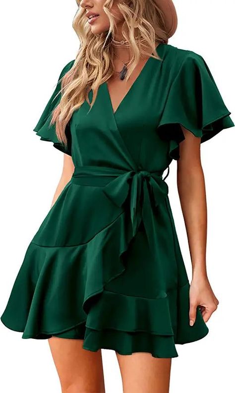 Satin Dress Green, Sleeve Wedding Guest Dress, Wrap Dress Formal, Wrap Dress Outfit, Flowy Dress Short, Womens Casual Dresses, Summer Dress Short, Chiffon Wrap Dress, Short Satin Dress