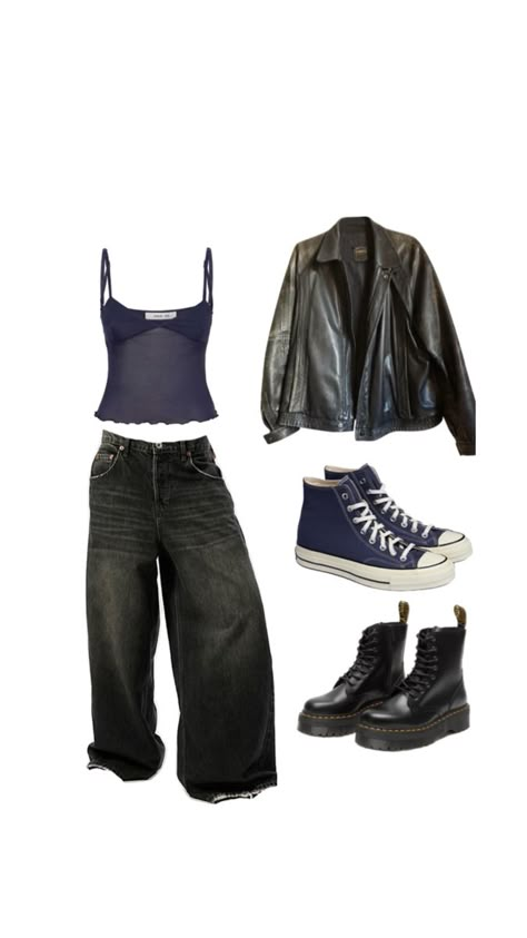 rockstar girlfriend aesthetic, dark blue, leather jacket, downtown girl Blue Rockstar Outfit, Ways To Style Leather Jacket, Rockstar Outfits Aesthetic, Downtown Rockstar Aesthetic, Dark Blue Outfits Aesthetic, Rockstar Girlfriend Style Outfit, Revenge Era Outfit, Blue Downtown Girl Aesthetic, Girl Rockstar Outfit