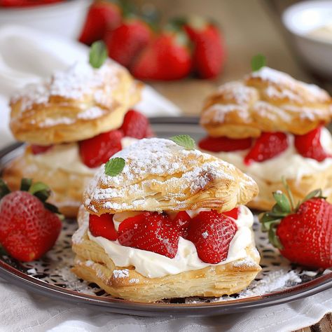 How to Make Delicious Strawberries & Cream Pastry Puffs Strawberry Cream Pastry, Strawberry Puff Pastry Dessert, Strawberry Napoleon Puff Pastries, Strawberry Pastry Recipes, Strawberry Puff Pastry Recipes, Strawberry Cream Puff Pastry, Strawberry Cream Puff, Cream Filled Puff Pastry, Sweet Puff Pastry Recipes