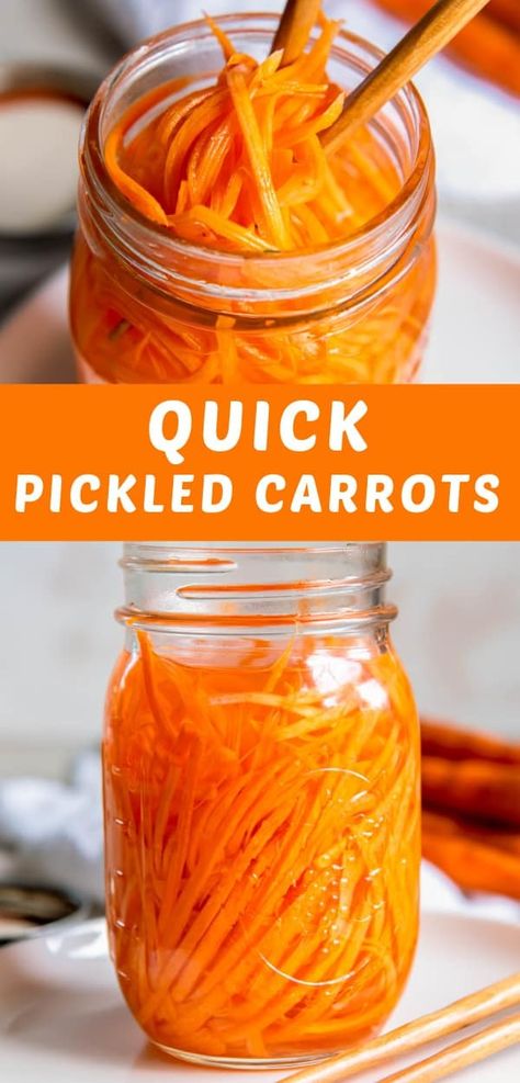 This Quick Pickled Carrots recipe comes together with a few simple ingredients and only 5 minutes of hands-on prep. No canning or water bath needed! Serve them over salads, sandwiches, tacos and more! Canning Pickled Carrots, Easy Pickled Carrots, Pickled Carrots Recipe Canning, Pickles Carrots Recipe, Pickling Carrots Recipe, Sweet Pickled Carrots, Pickled Shredded Carrots, How To Preserve Carrots, Asian Pickled Carrots