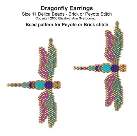 Dragonfly Earrings, Sova Enterprises Beaded Dragon Fly Earrings, Brick Stitch Dragonfly, Dragonfly Beaded Earrings, Beaded Dragonfly Earrings, Earring Beading Patterns, Beaded Dragonfly Pattern, Seed Bead Dragonfly, Beaded Butterflies, Beaded Dragonfly