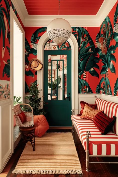 Midjourney AI Image: A modern style entryway that looks like something out of The Block Australia. Wallpaper inspired by ... → more in ai-img-gen.com Entryway Flooring Ideas, Tropical Leaf Wallpaper, The Block Australia, Eclectic Entryway, Terracotta Walls, Striped Couch, Rug With Tassels, Wallpaper Hallway, Red Throw Pillow