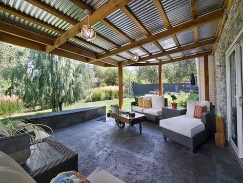 Patio Roof Ideas, Patio Roofs, Deck Roof, Covered Patio Ideas, Covered Patio Design, Patio Remodel, Outdoor Covered Patio, Corrugated Metal Roof, Concrete Patios