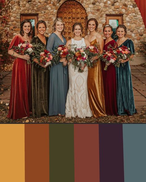 Fall Colours Wedding, Fall Western Wedding Bridesmaid Dress, Fall Men’s Wedding Suits, October Wedding Color Pallets, Fall Wedding Colours Bridesmaids, Teal And Rust Bridal Party, Bold Fall Color Palette, Wedding Color Palette November, Fall Tone Wedding