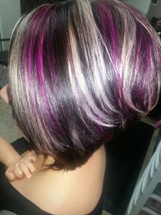 Dark brown with platinum &wild orchid highlights. Dark Plum Hair With Blonde Highlights, Black Hair With Purple Chunky Highlights, Plum Peekaboo Highlights, Dark Short Hair With Purple Highlights, Wild Orchid Hair Color Highlights, Brown Hair With Pink Highlights, Purple Hair Highlights, Best Ombre Hair, Bob Hair Color