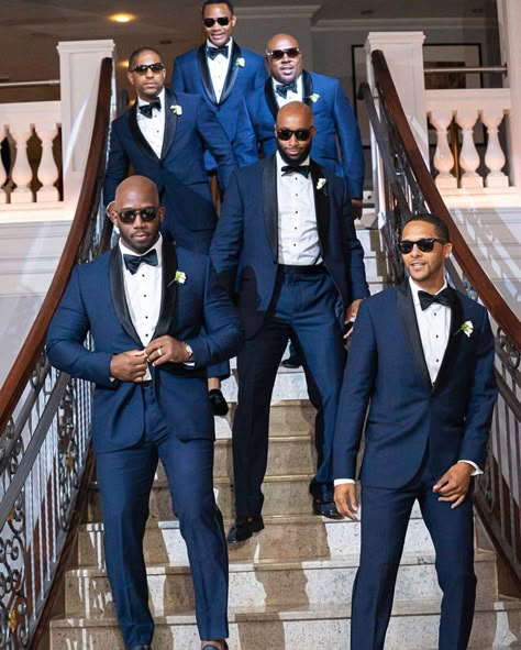 Black Bride™ on Instagram: “The fellas are looking dapper in their blue! 🔥 . . . . Repost from @ileevents - Groomsmen coming through DAPPER! Listen ladies they are all…” Suits For Groom Wedding, Groomsmen Attire Navy Blue, Groomsmen Attire Navy, Black Groomsmen Suits, Navy Blue Groomsmen, Navy Groomsmen Suits, Blue Tuxedo Wedding, Black Grooms, Navy Blue Groom