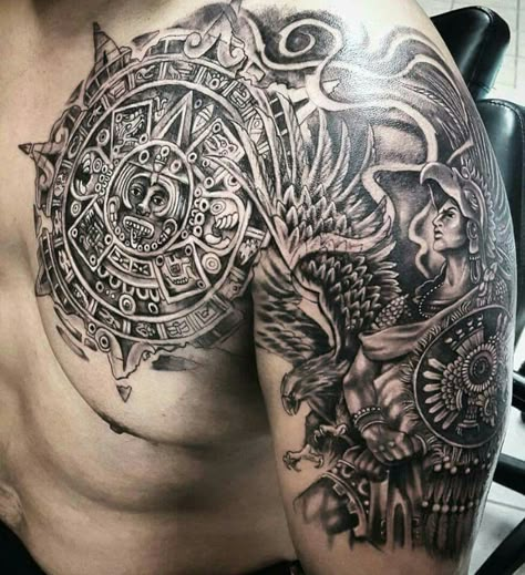 Brownpride arte Aztec Tattoos Sleeve, Aztec Warrior Tattoo, Tato Maori, Azteca Tattoo, Mayan Tattoos, Aztec Tattoos, Mexican Tattoo, Cool Shoulder Tattoos, Aztec Tattoo Designs