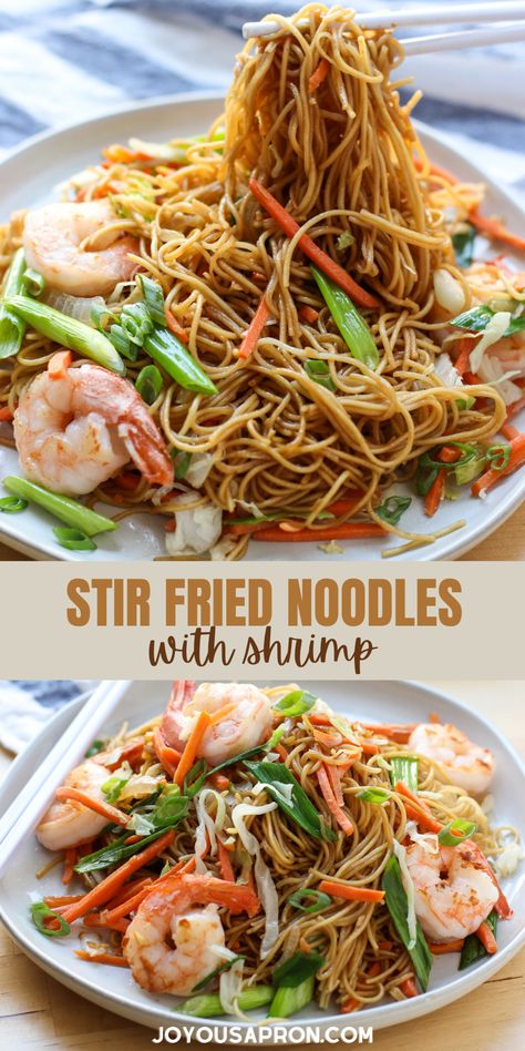 Stir Fried Noodles with Shrimp - easy and yummy Asian (Chinese) noodle stir fry - a quick seafood dinner! Noodles stir fried with cabbage, carrots, and shrimp...ready in 30 minutes! #noodle #shrimp #noodles #stirfry #seafood #Asian #stirfry #dinner #easydinner #recipe #joyousapron Shrimp Noodle Stir Fry, Fried Egg Noodles, Noodles Dishes, Joyous Apron, Stir Fry Noodles Recipe, Stir Fried Noodles, Stir Fry Shrimp Recipes, Fried Noodles Recipe, Fried Noodle