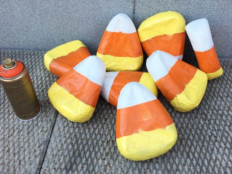 Crafts Using Candy Corn, Diy Fake Candy Corn, Paper Mache Candy Corn, Diy Candy Corn Decorations, Candy Corn Tree, Diy Candy Corn Decor, Halloween Candy House, Giant Candy Decorations, Candy Corn Ideas