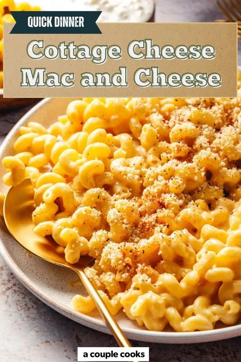 This cottage cheese mac and cheese is a protein-packed, delicious twist on the classic comfort food that's surprisingly satisfying! It's easy to whip up this creamy spin in a blender. #cottagecheese #cottagecheesemacandcheese #macandcheese #easypasta #easydinner #fastdinner #easydinnerideas #fastdinnerideas #meatlessmeal #meatlessmealideas #vegetarian #vegetariandinner #highprotein #highproteinrecipe Cottage Cheese Mac And Cheese, Healthy Mac And Cheese, Cheese Mac And Cheese, Vegan Brunch Recipes, Winter Salad Recipes, A Couple Cooks, Salad Dressing Recipes Healthy, Cottage Cheese Recipes, Vegan Pasta Recipes