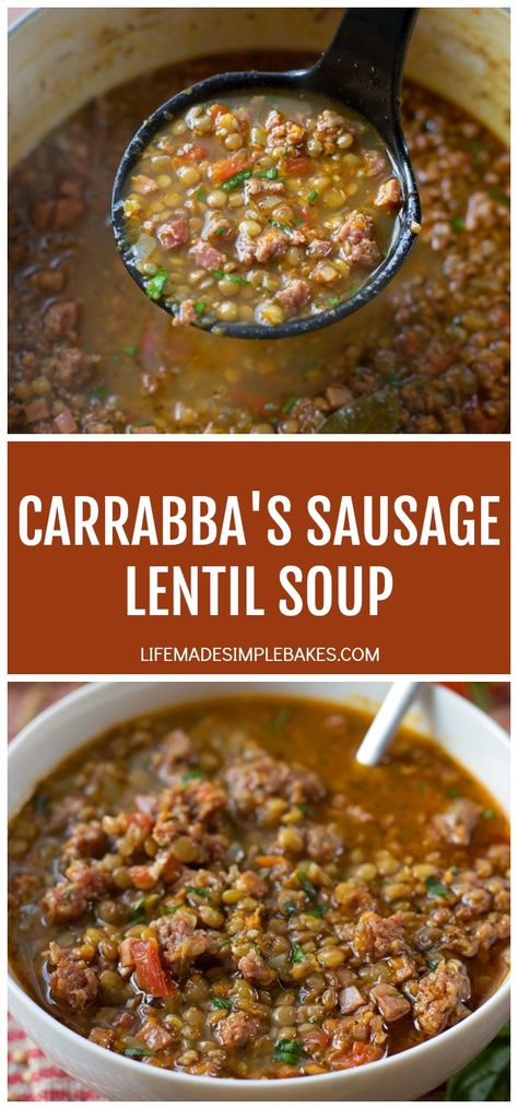 This soup is a copycat version of Carrabba's Spicy Sausage Lentil soup!  It's loaded with hot Italian sausage, lentils, ham, veggies and is totally delicious!  #carrabbasspicysausageandlentilsoup #spicysausageandlentilsoup #lentilsoup #sausageandlentilsoup #spicysoup Sausage Lentil Soup, Lentil Sausage, Sausage Lentil, Lentils And Sausage, Lentil Sausage Soup, Lentil Soup Recipe, Spicy Soup, Lentil Soup Recipes, Sausage Soup