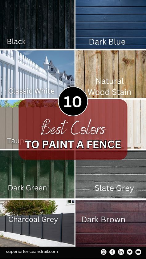 Express your style with our guide to the '10 Best Colors to Paint a Fence.' From classic neutrals to vibrant hues, discover the perfect palette to enhance your outdoor space. Elevate your curb appeal and redefine your boundaries with these stunning colors. Explore our recommendations for a fence that stands out with flair! Dark Fence Paint Colors, Wood Fence Color Ideas Paint, Paint Backyard Fence, Privacy Fence Color Ideas, Paint Wooden Fence, Backyard Fence Paint Color Ideas, Backyard Fence Colors, Fence Colour Ideas Color Schemes, Painted Fence Colors