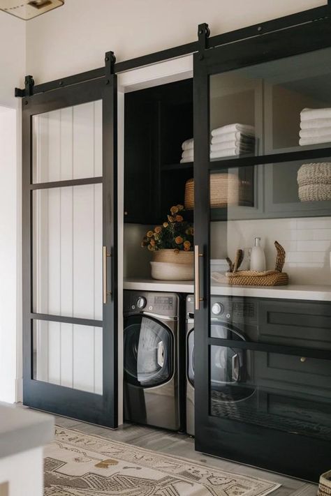 Stylish Laundry Room Doors Ideas to Elevate Decor Farmhouse Laundry Door Ideas, Farm Door For Laundry Room, Sliding Glass Door Laundry Room, Laundry Room Double Doors, Laundry Cabinet Doors, Laundry Glass Door, Sliding Doors For Laundry Room, Laundry Room Back Door Entrance, Bifold Door Laundry Room