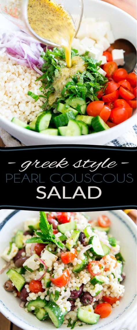 Pearl Couscous Recipes, Greek Couscous Salad, Greek Night, Pearl Couscous Salad, Couscous Salad Recipes, Traditional Greek Salad, Pearl Couscous, Couscous Salat, Couscous Recipes